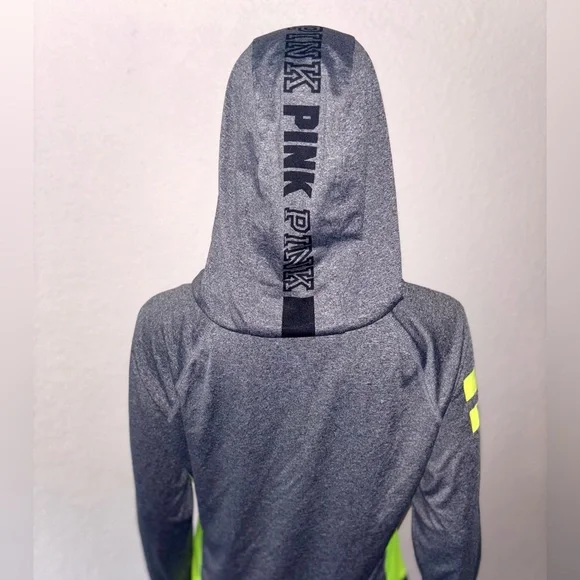 PINK VICTORIA’S SECRET ‘Ultimate’ Dark Grey & Neon Green Sporty Zip-Up Hoodie - Picture 7 of 8